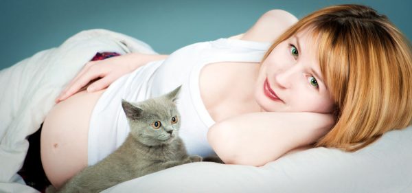 беременная женщина и серая кошка